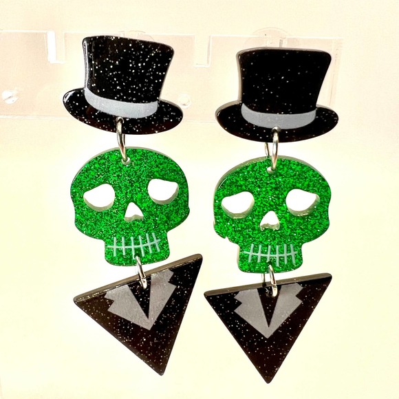 Tux Skeleton Earrings - Halloween Earrings - Skull Earrings - Glitter Earrings - Picture 1 of 10